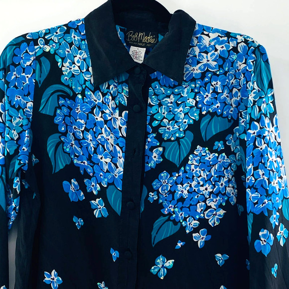 Bob Mackie Wearable Art Silk Blouse Hydrangea Beaded Vintage Style Size Small - Picture 6 of 13